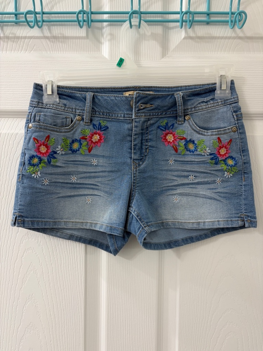 Blue Spice Light Blue Denim Shorts with Floral Embroidery